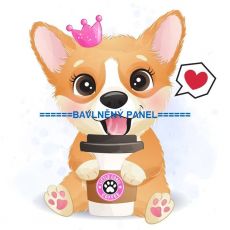 Corgi s kelímkem kafe sedící panel úplet 28x28cm