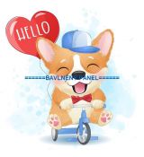 Corgi jedoucí na tříkolce s balónkem ve tvaru srdce HELLO panel úplet 28x28cm