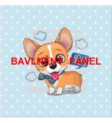 Corgi s modrým motýlkem a bublinkou HELLO na tyrkysové s bílými puntíky úplet 29x28cm