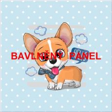 Corgi s modrým motýlkem a bublinkou HELLO na tyrkysové s bílými puntíky úplet 29x28cm