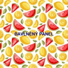 Meloun s citróny a lístky na bílé bavlněné plátno panel 46x46cm