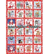 Adventní kalendář 39x59cm Santa Clausové a zvířátka s čísly na červené s vločkami bavlněné plátno panel