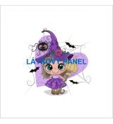 Čarodějnice ve fialovém klobouku a šatičkách s pavoučkem na pavučině panel úplet 38x38cm