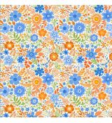 Oranžovo modré květinky dekorační látka