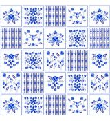Modré květinové vzory v rámečcích dekorační látka 